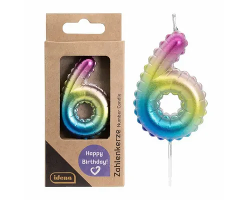 Idena Geburtstagskerze Idena Zahlenkerze 6 – Regenbogen metallic Tortenkerze