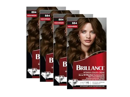 Brillance Intensiv-Color-Creme 884 Kakaobraun (4x 160 ml), dauerhafte Haarfarbe mit Diamant-Glanz und Pflege-Conditioner, für 10 Wochen Farbintesität