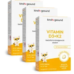 kindgesund Vitamin D3+K2 für Kinder mit Omega-3 - WHITE OMEGA® Kids - Vitamine für Kinder: Hochwertiges Vitamin D3, K2 und frisches Omega-3-Fischöl für eine gesunde Entwicklung ab 4 Jahren.