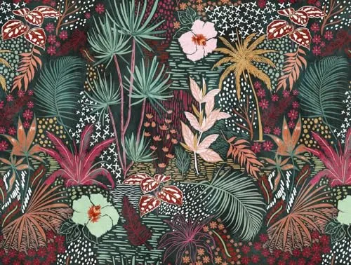 Livingwalls Fototapete Dschungeltapete Grün Rot Gelb 382741 - Vliestapete Dschungelmotiv - 3,71 m x 2,80 m - hochwertige Premium Qualität, leicht anzubringen und restlos abziehbar, ideal für Wohnzimmer, Schlafzimmer oder Büro.