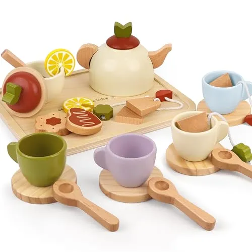 Little Log Holz-Tea-Set für Kleinkinder – 24-teiliges Holzspielzeug Teeparty-Set mit 4 Tassen, Tablett & Zubehör – Rollenspiel-Geschenk ab 3 Jahren