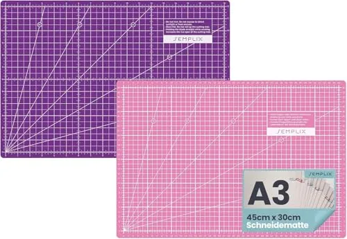 SEMPLIX Selbstheilende Schneidematte A0-A4 - Grün, Rosa, Grau, Türkis, Lila - Ideal fürs Basteln, Nähen & Patchworken - Beidseitig Bedruckt - Vorderseite cm Rückseite inch Bemaßung (‎Pink-Lila, A3)