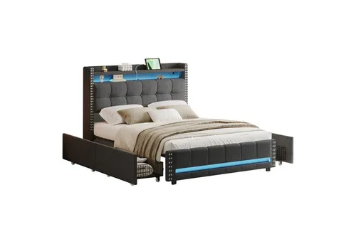 Odikalo Polsterbett Doppelbett Kopfteil Stauraum Schubladen Leinenstoff Grau 140/160x200cm