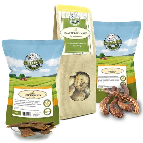 Bellfor Hundefutter Hunde Snack Trockenfleisch Hundekuchen Entenhälse Ente 450g