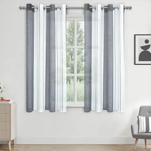 MRTREES Voile Gardinen Kurz Vorhang Halbtransparent Streifen Stores Schals mit Ösenschal Moderner Wohnstil Weiß+Grau 160×140cm (H×B) für Dekoration Kinderzimmer Wohnzimmer Schlafzimmer 2er-Set