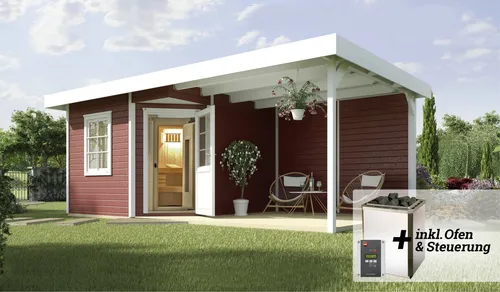 Weka Saunahaus Salo Sparset 7,5 kW BioS - Entspannung im eigenen Garten - Saunahaus Salo aus 28 mm Blockbohlen mit hochwertiger Elementsauna Varberg. Genießen Sie wohltuende Wärme und modernes Design für den perfekten Rückzugsort in Ihrem Garten.