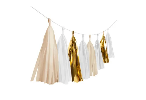 Amscan Hängedekoration 'Gold Brush' Fransen Pompon Girlande, Creme 300cm