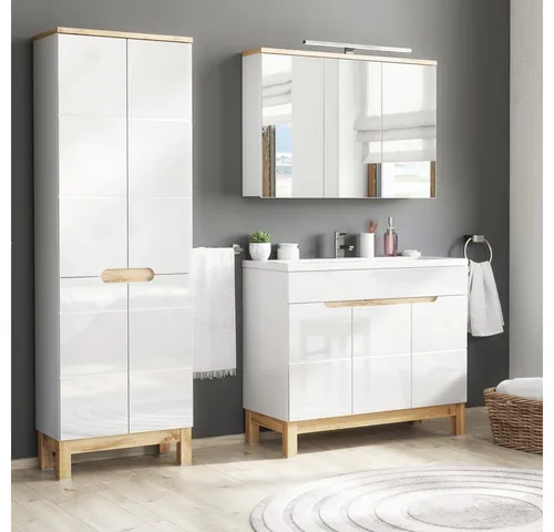 Lomadox Badmöbel-Set SOLNA-56, (Spar-Set, 3-St), mit 100cm Waschtisch Hochglanz weiß Wotaneiche 190/200/46 cm