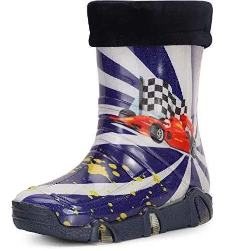 Ladeheid Kinder Gummistiefel Gefüttert SWK2020 - Dunkelblau mit Auto - Gummistiefel für Kinder, wasserdicht und rutschfest, mit herausnehmbarem Innenschuh für ganzjährigen Komfort. Ideal für Jungen und Mädchen.