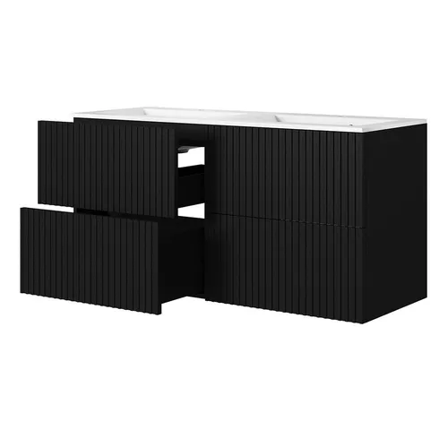 Doppelwaschtisch NAVASOTA-141, 120 cm, schwarz matt mit gerillter Front - Stylischer Doppelwaschtisch NAVASOTA-141 in schwarz matt mit vertikal gerillter Front. Perfekt für moderne Badezimmer mit zwei Becken und vier Schubladen für ausreichend Stauraum.