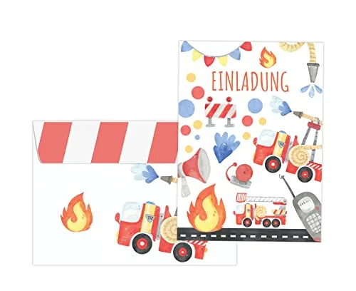 Friendly Fox Feuerwehr Einladung, 12 Feuerwehr-Auto Einladungskarten Kindergeburtstag Junge Mädchen, DIN A6 Einladung mit Umschlag