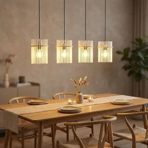 LED Hängeleuchte 4-flammig mit Glasstäben für Esstisch - Stilvolle 4-flammige Hängeleuchte aus Glas und Metall, ideal für Esszimmer und Wohnzimmer. Bringt warmes Licht und Eleganz in jeden Raum. Energieeffizient und passend für verschiedene Einrichtungsstile.