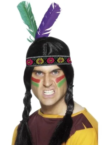 Smiffys Indianer-Kopfschmuck von amerikanischen Ureinwohnern inspiriert, Mehrfarbig, mit 2 Federn Halloween