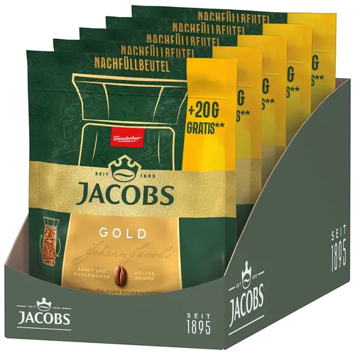 JACOBS Löskaffee Gold Nachfüllbeutel 5 x 220 g - Hochwertiger löslicher Kaffee im praktischen Nachfüllbeutel, ideal für schnellen Genuss. Perfekt für jeden Kaffeeliebhaber!