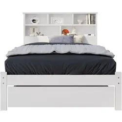 OKWISH Holzbett mit Regal-Kopfteil und Schubladen (90x200 cm) - Praktisches Jugendbett in Reinweiß mit integriertem Bücherregal und zwei rollbaren Schubladen für optimalen Stauraum. Ideal für ein individuelles Kinder- oder Jugendzimmer.