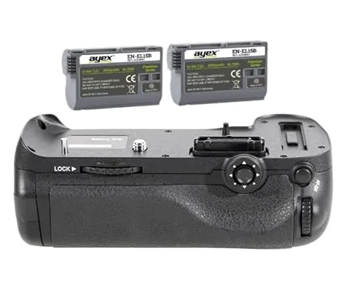 ayex Batteriegriff für Nikon D800 D810 – MB D12 kompatibel - Erleben Sie längere Aufnahmezeiten mit bis zu 2 EN-EL15 Akkus oder 8 AA-Batterien. Der ergonomische Griff bietet Komfort und Kontrolle für Hoch- und Querformataufnahmen. Inklusive 2x ayex EN-EL15B Akkus für sofortige Einsatzbereitschaft.