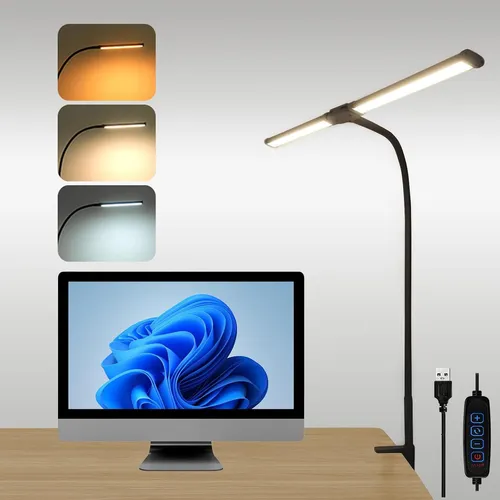 LED Schreibtischlampe Doppelkopf 60cm - Dimmbar & Klemmbar, 3 Farbtemperaturen - Flexible LED-Tischlampe mit drehbaren Doppelarmen für optimale Beleuchtung. 3 Lichtmodi und 10 Helligkeitsstufen sorgen für individuelles Licht, ideal für Büro und Studium. USB-Stromversorgung für vielseitigen Einsatz.