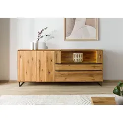 Sideboard Wildeiche WIEN 200x43x87 natur geölt - Elegantes Design-Sideboard aus massiver Wildeiche mit Soft-Close-Funktion und Push-to-Open-Technologie. Hochwertige Rauchglaseinsätze und strukturreiche Rückwand sorgen für einen modernen Look.