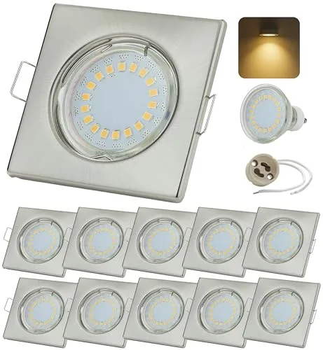Sweet LED Einbaustrahler Eckig GU10 fassung 230V Set 5W Einbauleuchten, Deckenspots chrom gebürstet Deckenstrahler,leuchten aus Glas warmweiß 3000K, Einbauspots für 10er Set