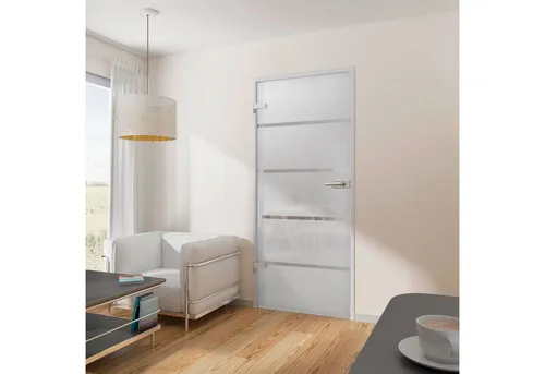 inova wohnen Zimmertür 83,4 x 197,2 cm - Blockstreifen satinierte Glastür - Zimmertür aus 8 mm Sicherheitsglas mit eleganter satinierter Oberfläche, inkl. Beschlagset und einfacher Selbstmontageanleitung für stilvolle Innenräume.