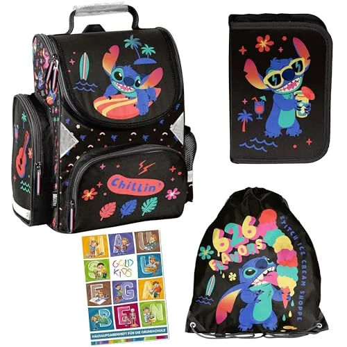 Goldkids Schulranzen Set - Lilo und Stitch für Kinder - Schultaschen-Set für Jungen und Mädchen mit ergonomischem Rucksack, hochwertiger Federmappe und praktischem Schuhbeutel. Ideal für die 1-3 Klasse und sorgt für gesunde Haltung.