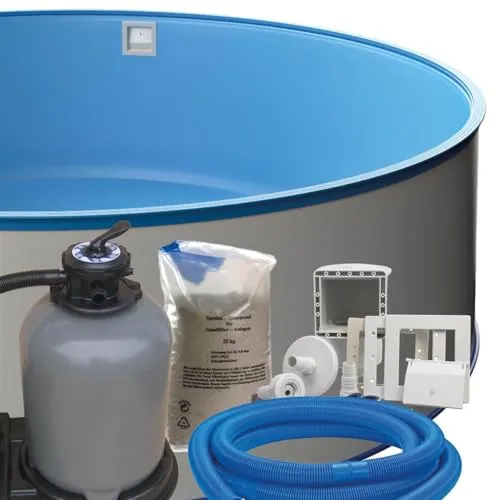 Stahlwand Rundpool-Set Ø 5,00 m x 1,20 m, Pool Made in Europe, Blaue UV-beständige Innenhülle 0,6 mm, SF133 Sandfilteranlage mit 6 m³/h, Einbauskimmer, Filtersand, Poolschlauch