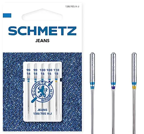 SCHMETZ | 5 Nähmaschinennadeln | Jeans | 130/705 H-J | Nadeldicke 90/14-110/18 | Geeignet für das Vernähen von Jeans und ähnlichen Stoffen | auf jeder gängigen Haushaltsnähmaschine einsetzbar