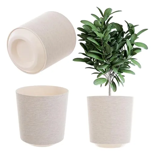 KADAX Dekorativer Übertopf, Runder Pflanztopf, Blumentopf aus Kunststoff, Pflanzentopf für Anbau von Pflanzen, Kräutertopf für Innen und Außenbereich (Cremefarbig, 25cm)