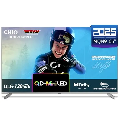 CHIQ M65QN9G 65 Zoll 4K Mini QLED Smart TV - Modernster 65 Zoll Mini QLED Fernseher mit Dolby Vision und Atmos für beeindruckende Bild- und Klangqualität. Ideal für 4K-Streaming und Gaming mit flüssigen Bewegungen dank DLG 120Hz.