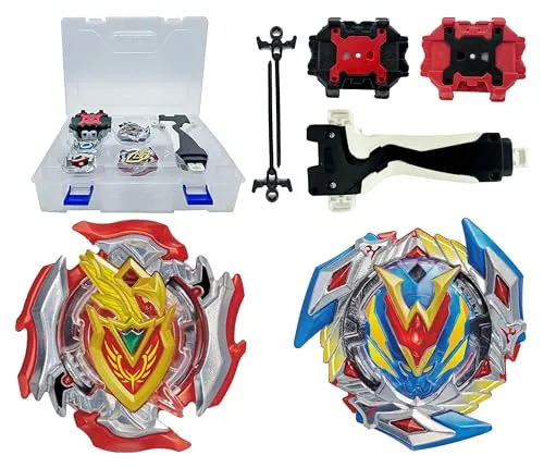 Gytobytle 2er Kampfkreisel Set mit 2 Launchern, 1 Griff und Aufbewahrungsbox, robuste Kreisel mit Metallkomponenten, Duell-Kreisel Spielzeug für Kinder (104 & 105)