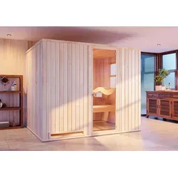 FinnTherm Innensauna Ergo Klassik 244x194 cm, beige - Indoor Sauna für bis zu 6 Personen mit Panorama-Tür und optionalem Ofen, perfekt für entspannende Wellnessmomente zu Hause.