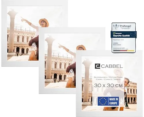 CABBEL Dreierpack (3 Stk.) Bilderrahmen 30x30 cm MDF Holz-Rahmen in Weiß | mit bruchsicherem Plexi-Glas/Modern