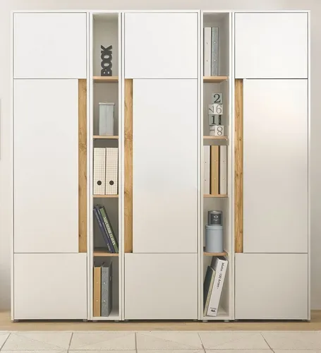 Furn.Design Aktenschrank Set Center in Weiß und Wotan Eiche - Büroschränke für ein elegantes Homeoffice, mit 3 Stauraumschränken und 2 Regalen, höhenverstellbaren Böden und pflegeleichten Oberflächen.