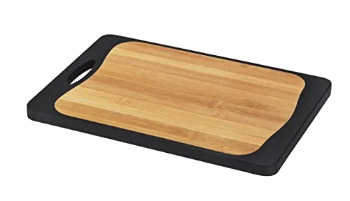 WENKO Schneidebrett Kombi, rutschfestes Schneidbrett mit einer antibakteriellen Kunststoffseite für Fleisch&Fisch sowie einer Bambus-Kunststoffseite, mit Griff&Saftrille,33x23cm,Schwarz/Natur,55011100