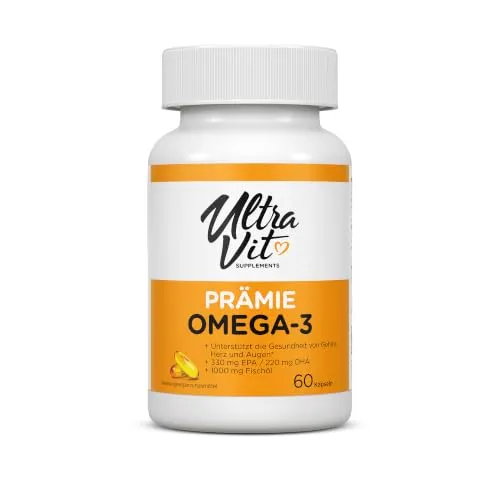 UltraVit Omega-3 60 Softgel-Kapseln – Hochdosierte Fischöl-Kapseln für Herz, Gehirn & Gelenke, Unterstützt Vitalität und Wohlbefinden – Leicht zu Schlucken, Vegan und Glutenfrei – Premium Omega-3