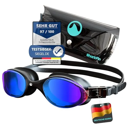 SharkFin | Schwimmbrille | für Erwachsene & Jugendliche | UV-Schutz, polarisierend, Anti-Fog | extra komfortable Taucherbrille mit Etui | perfektes Schwimmen mit klarer Sicht für Damen und Herren