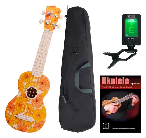 Classic Cantabile BeachBuddy Beachflower Ukulele Set - Sonstige Zupfinstrumente, robust und feuchtigkeitsbeständig, perfekt für Outdoor-Aktivitäten, inkl. Gigbag, Stimmgerät & Noten für einfachen Einstieg.