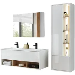 Furn.Design Badmöbel-Set Glide, Weiß Hochglanz & Eiche - Modernes Badmöbel-Set mit hängendem Design, inklusive Doppelwaschbecken und LED-Spiegel. Hochwertige Materialien und viel Stauraum für ein stilvolles Badezimmer. FSC®-zertifiziert und pflegeleicht.