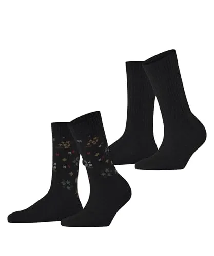 ESPRIT Damen Socken Flower Rib Multipack W So Baumwolle gemustert 2 Paar, Schwarz Black 3000, 39-42