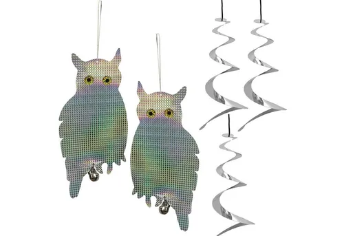 HAC24 Tierabwehr-Attrappe Vogelabwehr Vogelspirale Taubenabwehr Spirale Vogelschutz Windspiel, 2x Vogelscheuche Eulen Optik Windspiel & 3x Windspirale