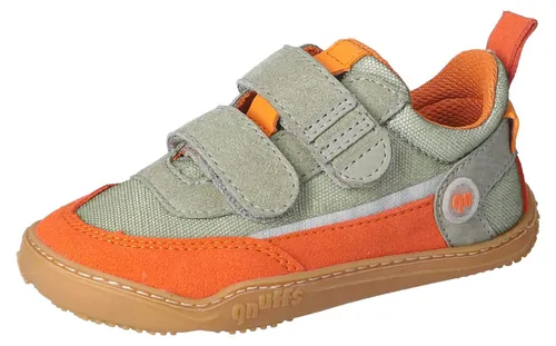 qnuffs Erle Barfußschuh Klettschuh - Sneaker mit Nullsprenung in Orange - Bequemer Barfußschuh in Größe 26, vegan verarbeitet. Ideal für mittlere Füße, mit Klettverschluss für einfaches An- und Ausziehen. Perfekt für den Alltag!