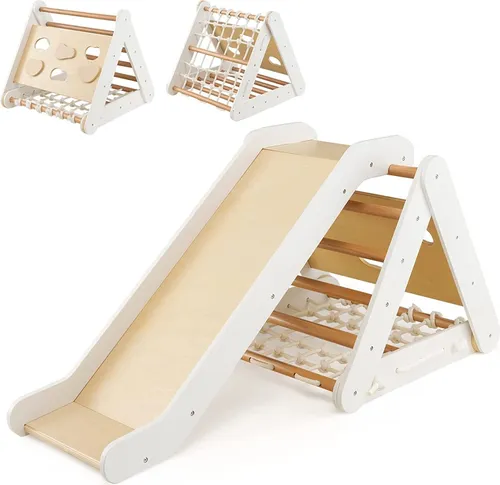 COSTWAY 4 in 1 Kletterdreieck mit Rutsche - Klettergerüst aus Holz für Kleinkinder ab 1 Jahr, bietet vielseitigen Spielspaß mit 3 Kletterseiten und einer Rutsche zur Förderung der motorischen Fähigkeiten.
