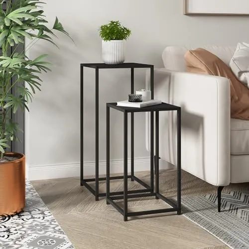 [en.casa] Satztisch Åseral 2er-Set - Stilvolle Beistelltische im Industrie-Design - Satztische fürs Wohnzimmer: Set aus zwei eleganten Säulentischen aus robustem Stahl, ideal für kreative Deko und individuelle Raumgestaltung.
