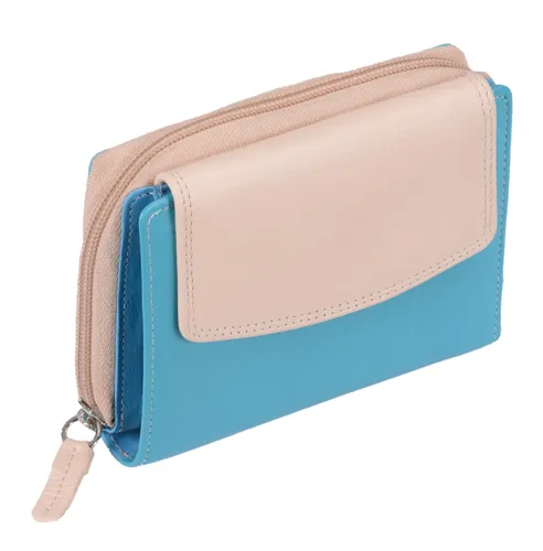 Damenbörse aus Leder in Türkis-Beige mit Reißverschluss - Geldbörse für Damen, aus hochwertigem Leder, mit mehreren Kartenfächern und Scheinfach für optimale Organisation und Stil.