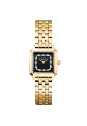 Rosefield Damenuhr Boxelle Goldfarben mit Kristallen BBGSG-B09 - Elegante Armbanduhr aus goldfarbenem Edelstahl mit Kristallen, ideal für jeden Anlass. Das schwarze Zifferblatt und das japanische Quarzwerk sorgen für präzise Zeitmessung und stilvolles Design.
