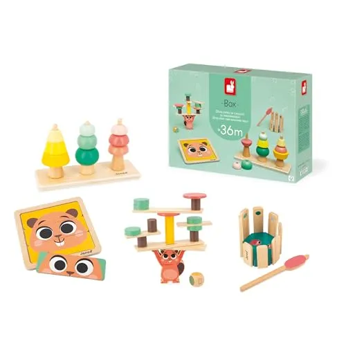 Janod Baby-Spielbox - Lernspielzeug ab 24 Monaten - Gesellschaftsspielzeug zur Förderung der psychomotorischen Entwicklung durch Puzzle und manuelle Aktivitäten, ideal für die Konzentration und Aufmerksamkeit von Kleinkindern.
