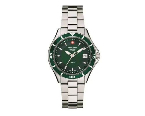 Swiss Alpine Military Damen Uhr 7740.1134SAM - Edelstahl-Armbanduhr für Damen mit grünfarbigem Zifferblatt und Leuchtzeigern, ideal für den Alltag und besondere Anlässe.