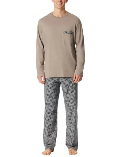 Schiesser Herren Schlafanzug lang - Pyjamaset in braungrau - Bequemer Schlafanzug für Herren mit unifarbenem Shirt und gemusterter Hose, aus weicher Single-Jersey-Qualität für optimalen Tragekomfort.