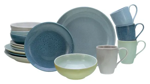 CreaTable 23844 Serie Reactive Aqua, 16-teiliges Geschirrset - Tafelservice aus Steinzeug, spülmaschinen- und mikrowellengeeignet. Jedes Teil ein Unikat mit skandinavischem Flair in nostalgischen Farben.