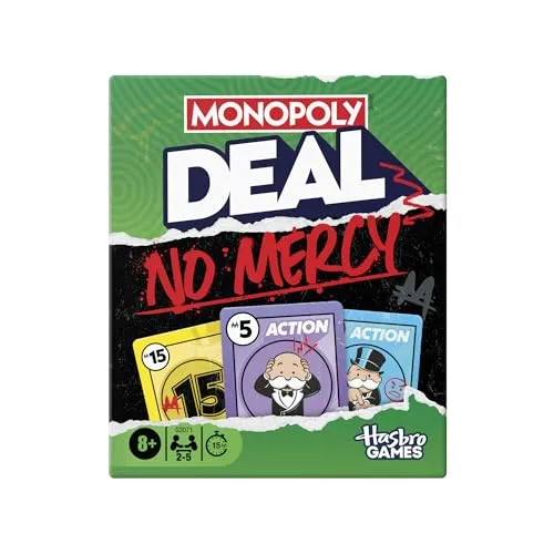 Monopoly Deal No Mercy, Kartenspiel – rücksichtslose Ausgabe des Monopoly Deal – für Kinder, Jugendliche und Erwachsene – 15 Minuten, für 2–5 Spieler – ab 8 Jahren